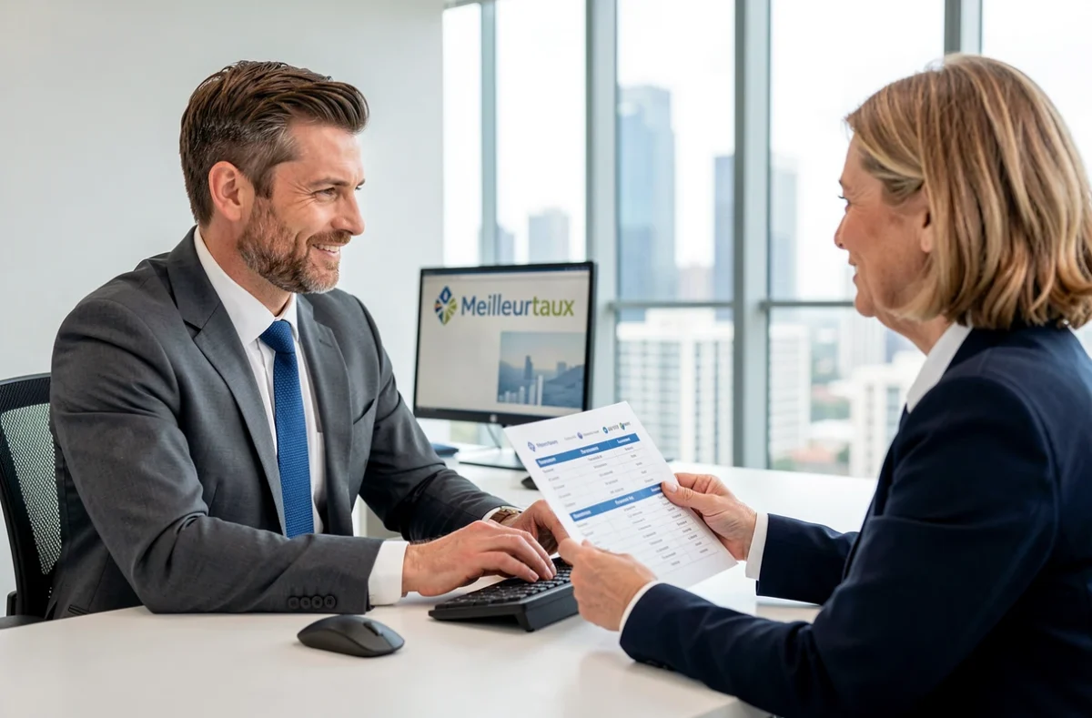 Un conseiller Meilleurtaux compare des offres de prêt immobilier avec une cliente dans un bureau épuré et moderne