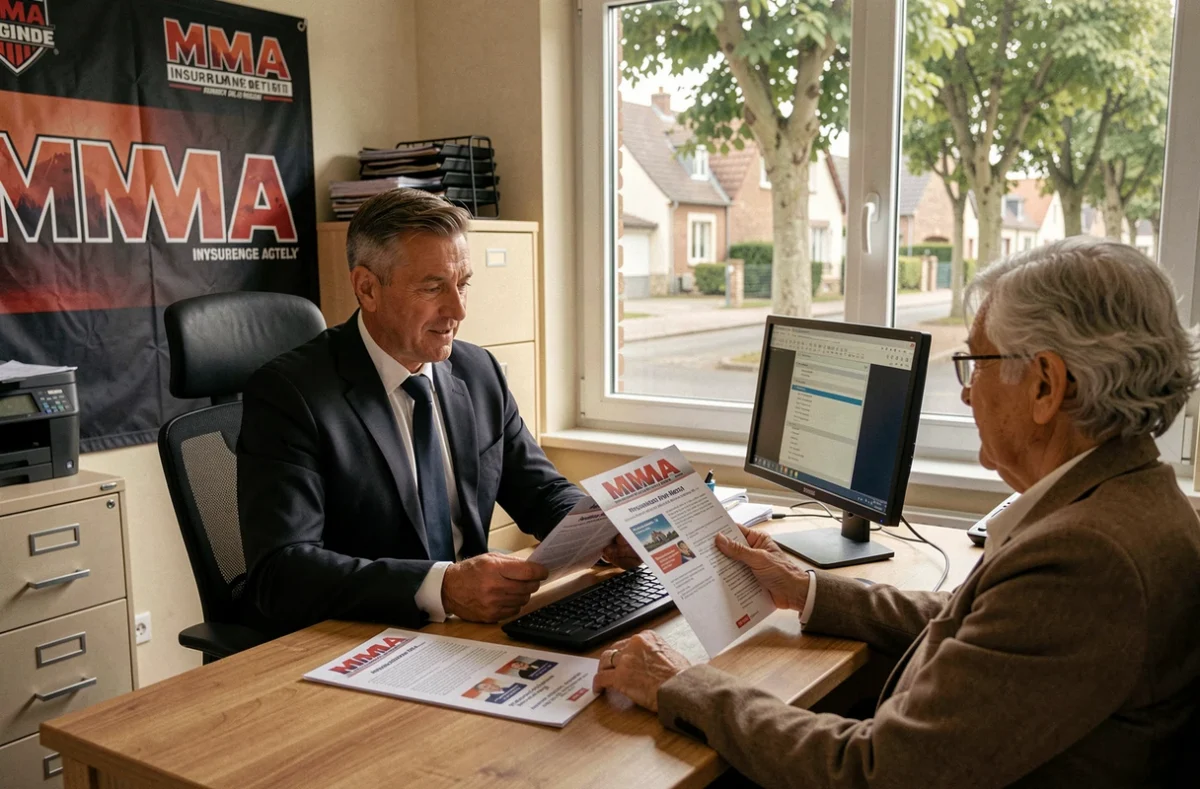 Agent MMA en Gironde conseillant un couple senior sur leurs options d'assurance dans un bureau de quartier
