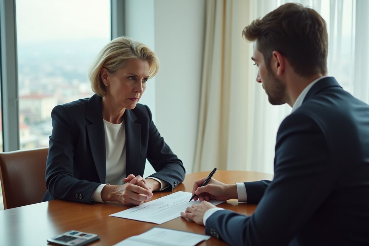 Femme regardant son fils signer un cheque à la table