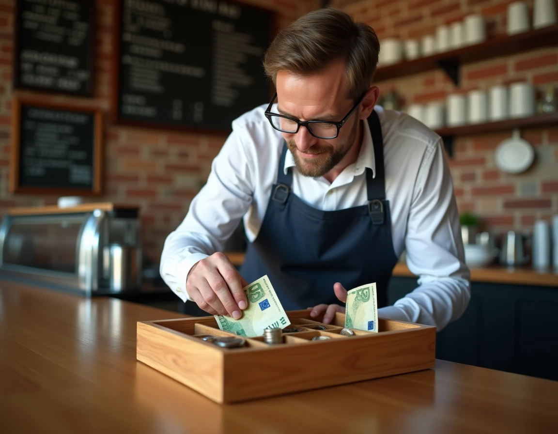 Homme organisant billets et pièces dans une caisse en bois compartimentée dans un café