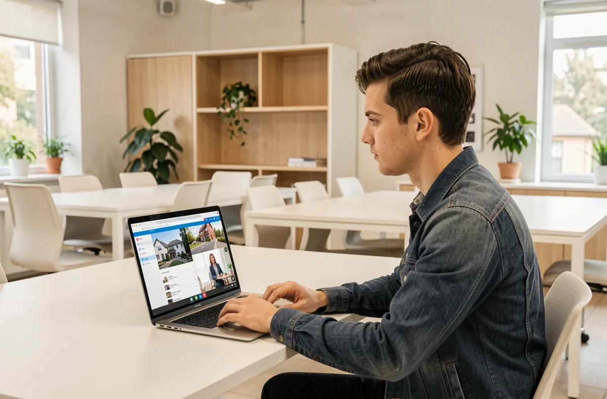 Conseiller Ouiker en consultation vidéo avec un client depuis un espace de travail moderne et connecté