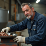 Ouvrier en combinaison pesant des morceaux de bronze