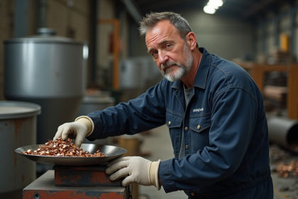 Ouvrier en combinaison pesant des morceaux de bronze