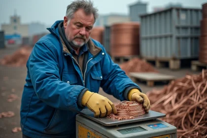 Ouvrier pesant du cuivre dans une recyclerie