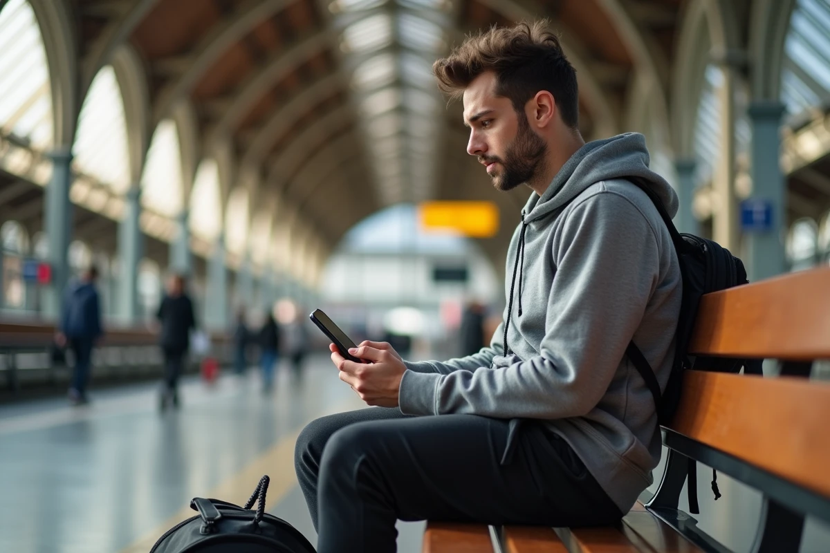 Jeune homme consultant son téléphone pour payer une amende RATP en ligne dans une gare parisienne