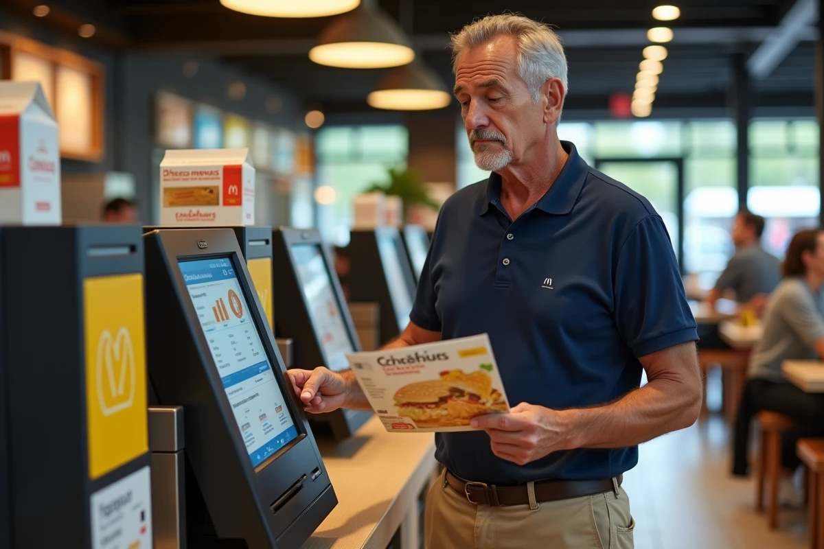 Homme consultant des Chèques Vacances face à une borne McDonald's pour régler sa commande