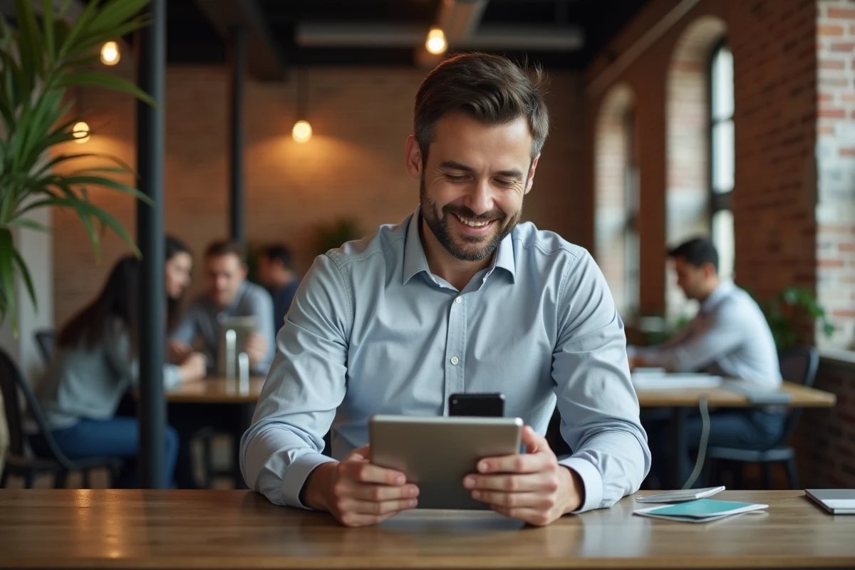 Entrepreneur gérant ses paiements professionnels à distance depuis un espace de coworking avec tablette et smartphone