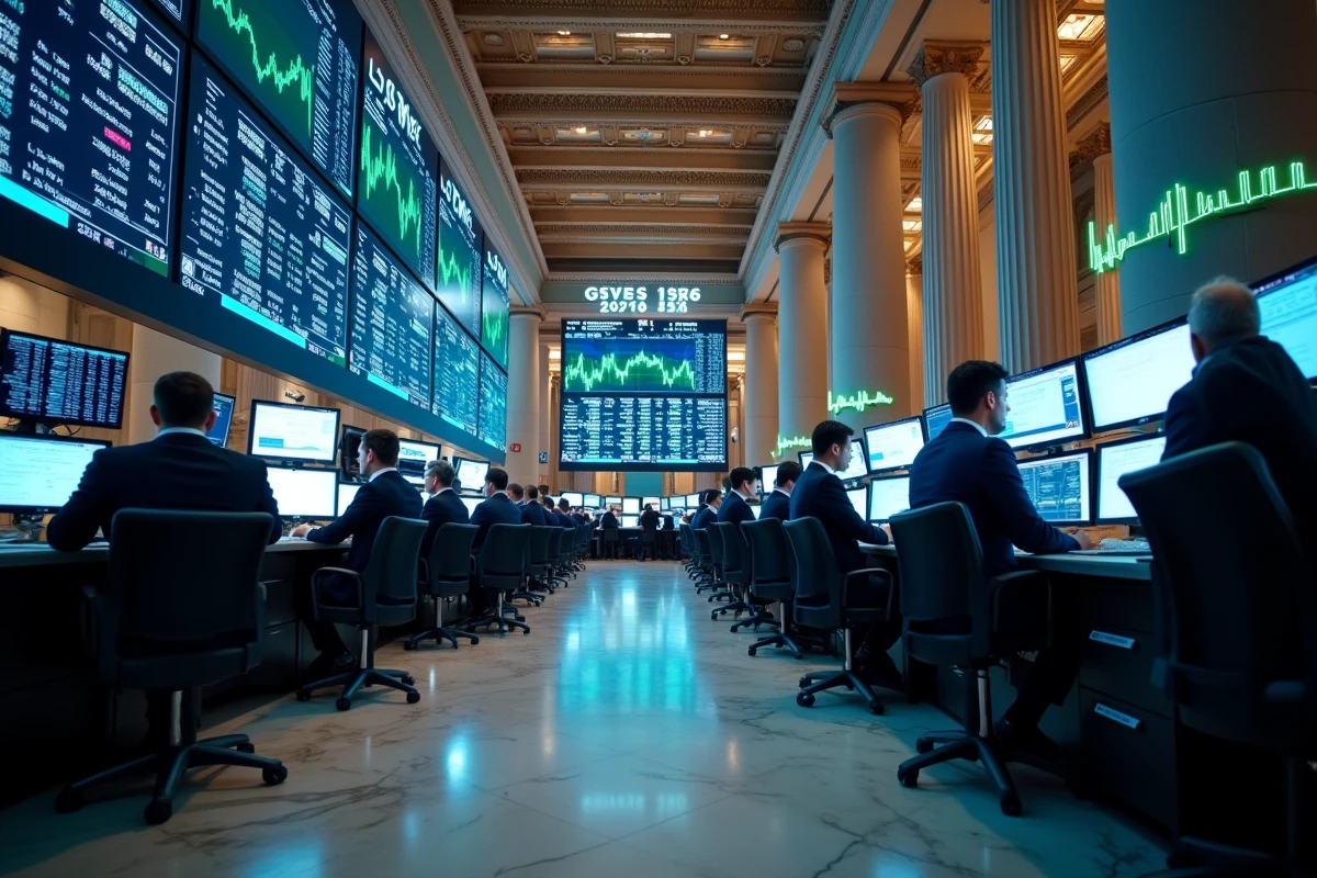 Vue panoramique d'un parquet boursier animé avec des brokers analysant les indices et prévisions de hausse des marchés en 2026