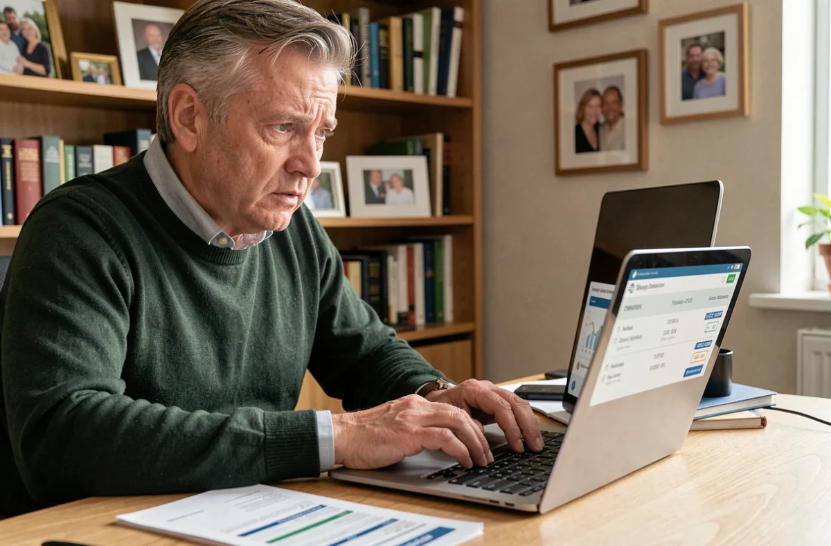 Particulier vérifiant en ligne les performances de son contrat d'assurance vie depuis son domicile
