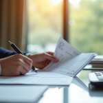 Personne au bureau examinant des fiches de paie