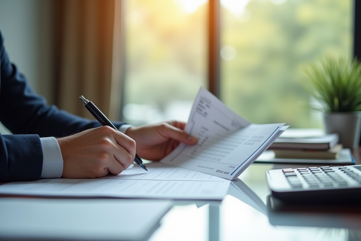 Personne au bureau examinant des fiches de paie
