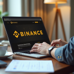 Personne travaillant sur un ordinateur avec site Binance et documents