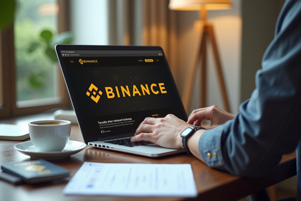 Personne travaillant sur un ordinateur avec site Binance et documents