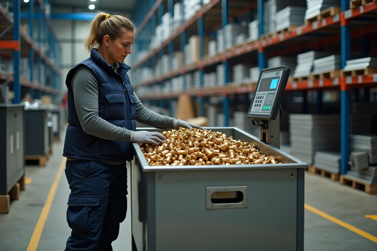 Femme pesant des composants en laiton sur une balance industrielle dans un centre de recyclage métallique