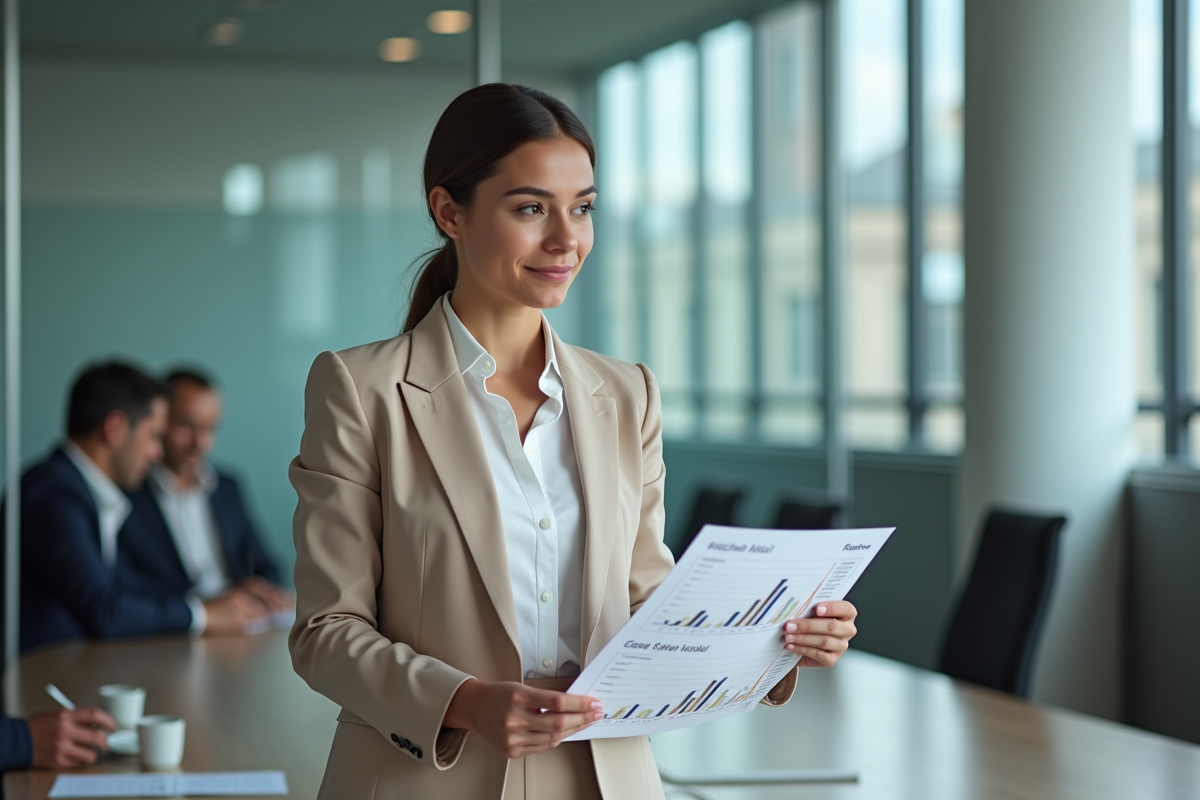 Jeune femme analyste présentant des graphiques de salaire