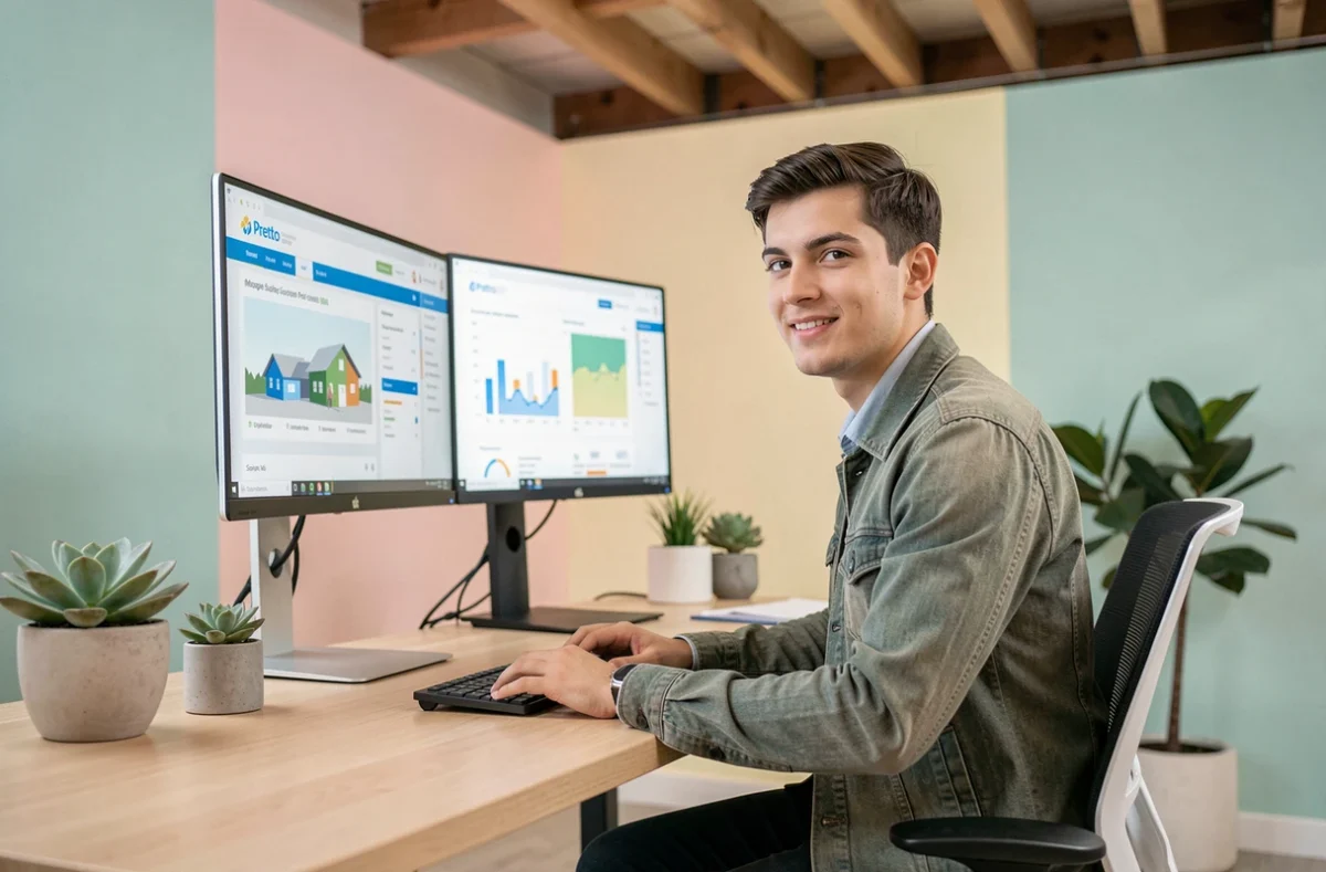 Un conseiller Pretto présente une simulation de prêt immobilier en ligne sur des écrans dans un bureau startup moderne