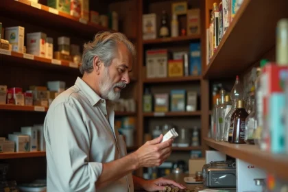 Client dans un estanco espagnol examinant un paquet de cigarettes et payant au comptoir, illustrant les prix du tabac en Espagne en 2026