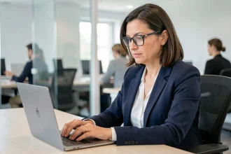 Professionnelle en blazer marine connectée à son espace compte en ligne sur un laptop dans un bureau moderne