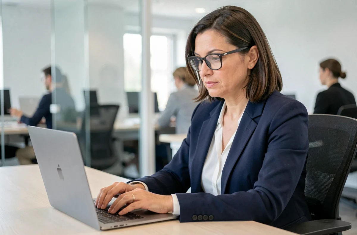 Professionnelle en blazer marine connectée à son espace compte en ligne sur un laptop dans un bureau moderne