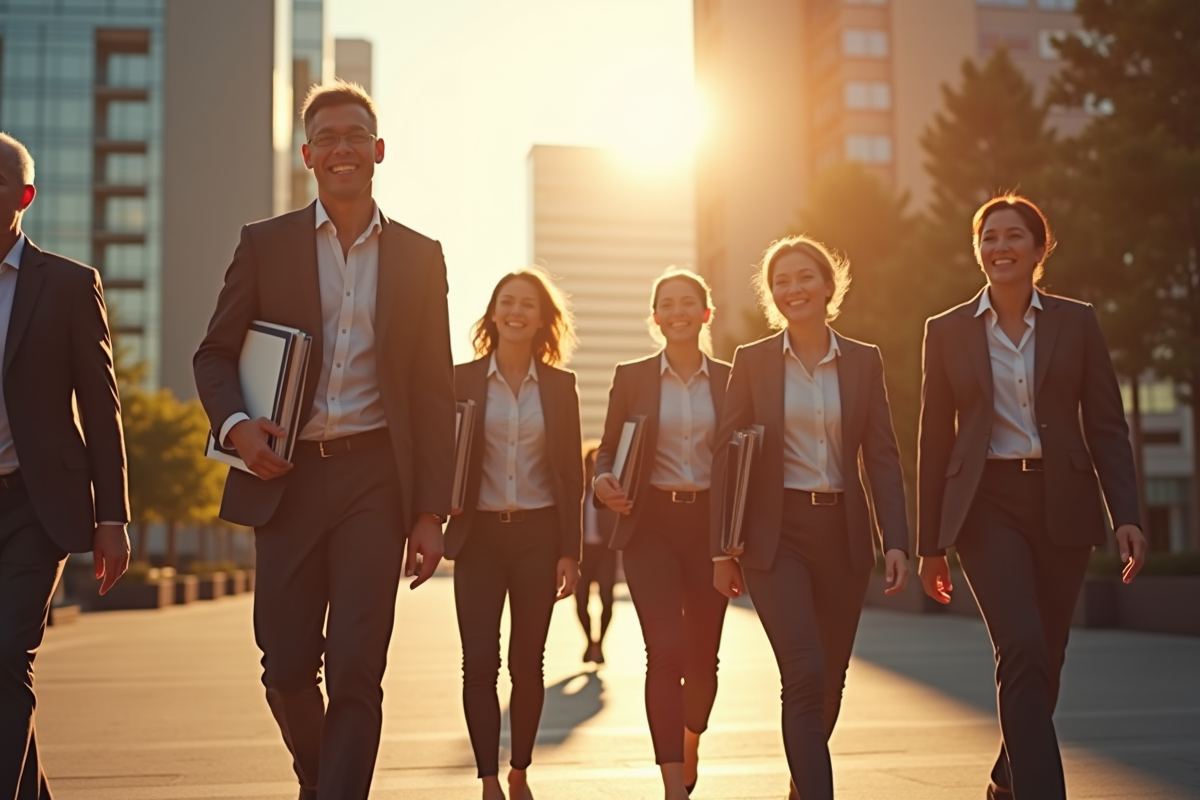 Groupe de professionnels souriants quittant un bureau en ville