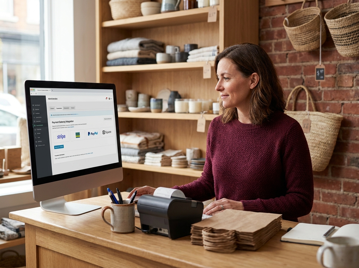 Propriétaire d'une boutique configurant des options de paiement en ligne sur un tableau de bord e-commerce