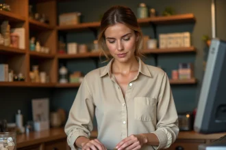 Femme rangeant des pièces de monnaie dans une caisse enregistreuse organisée derrière un comptoir de boutique
