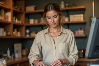 Femme rangeant des pièces de monnaie dans une caisse enregistreuse organisée derrière un comptoir de boutique