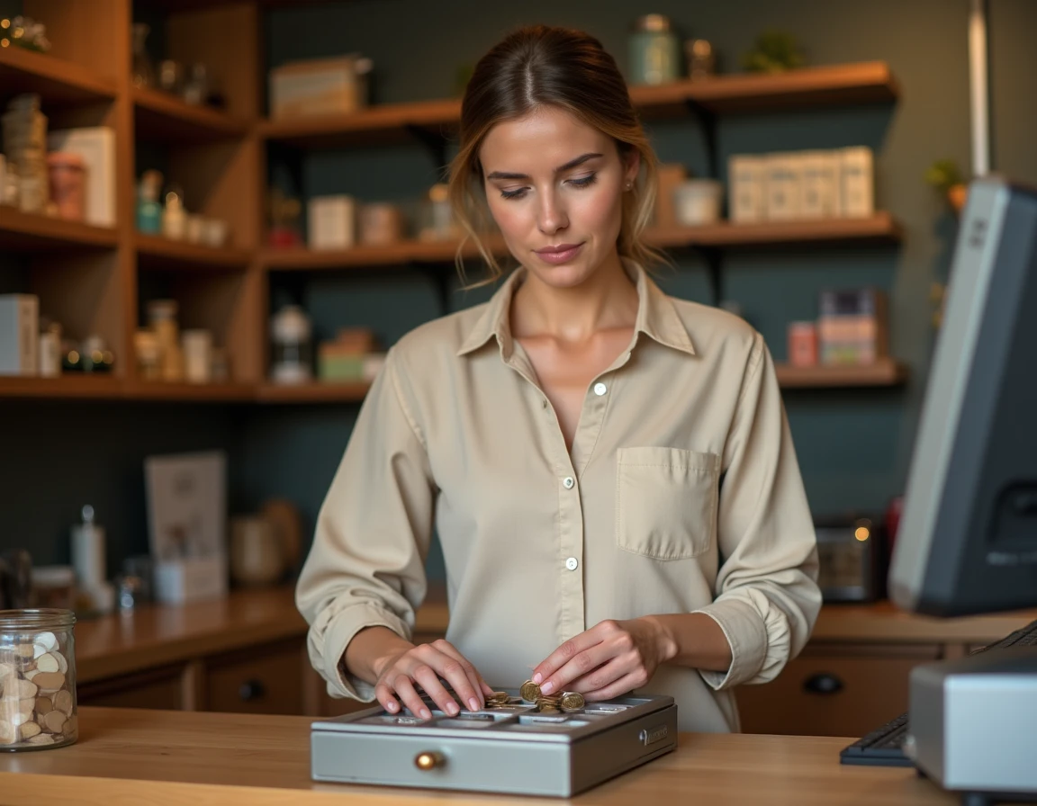 Femme rangeant des pièces de monnaie dans une caisse enregistreuse organisée derrière un comptoir de boutique