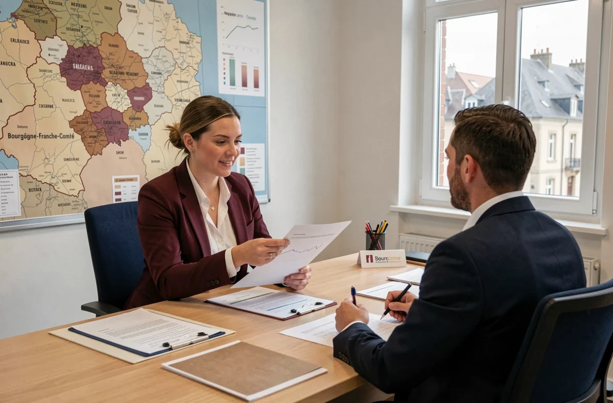 Experte-comptable de RCA présentant un rapport financier à un client dans un bureau régional avec une carte de Bourgogne-Franche-Comté
