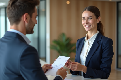 Femme d'affaires souriante remettant un reçu à un client au bureau
