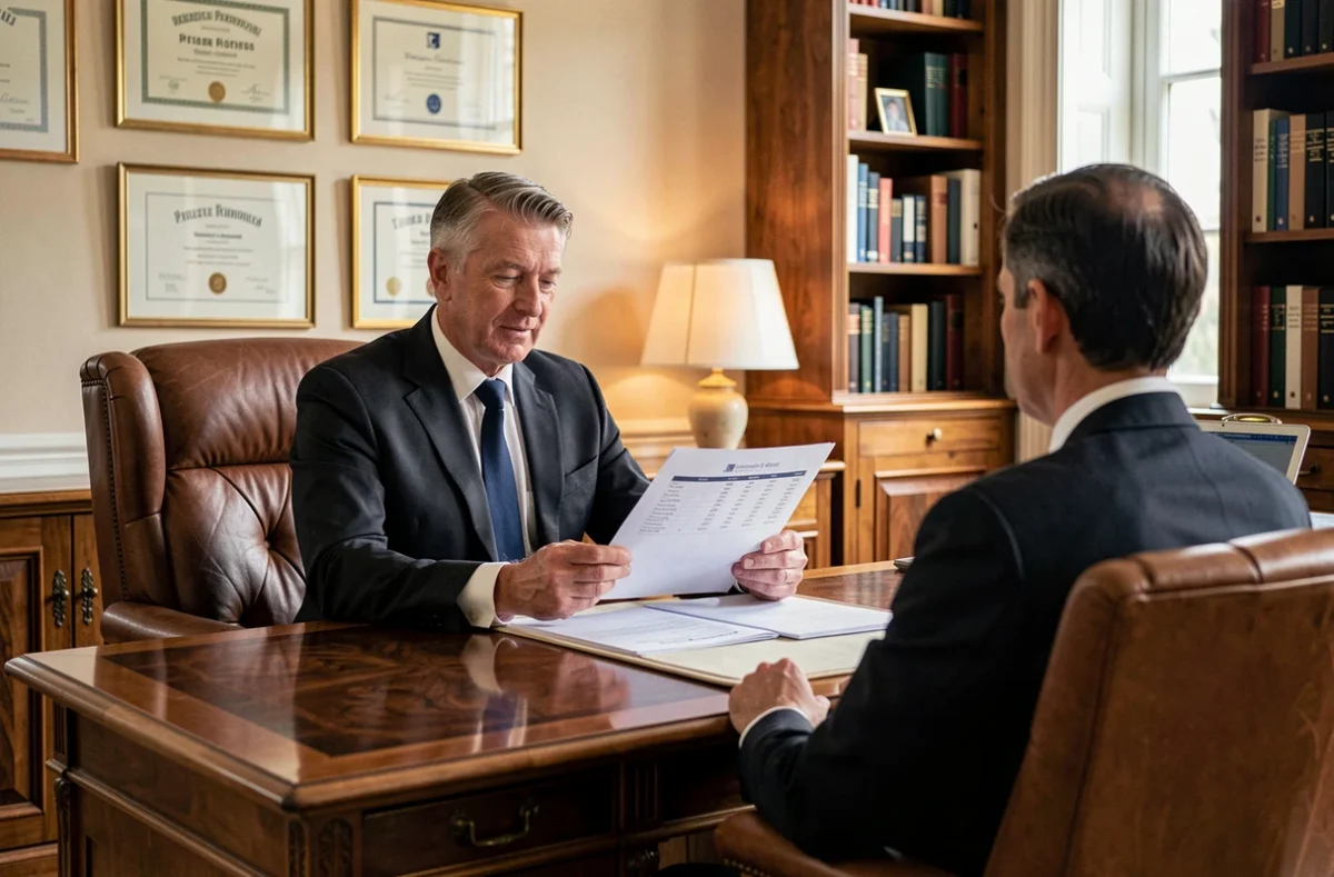 Régis Béraud, conseiller en finance privée, en rendez-vous client dans un bureau classique et élégant