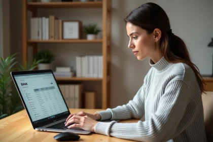 Femme consultant ses relevés bancaires en ligne sur un ordinateur portable à son bureau à domicile