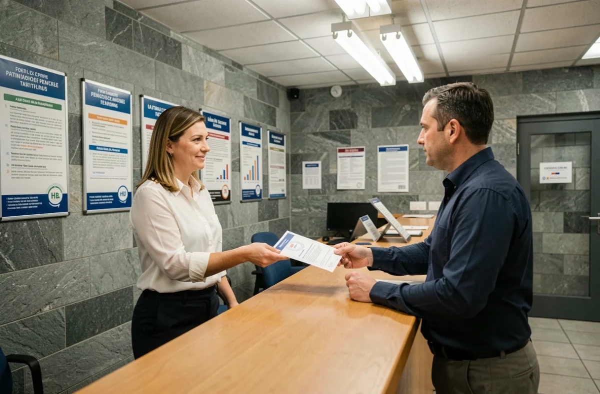 Femme remettant une attestation de régularité fiscale à un agent administratif au guichet d'un centre des impôts français