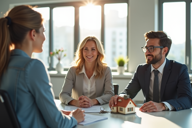 Couple souriant rencontrant un banquier dans un bureau moderne
