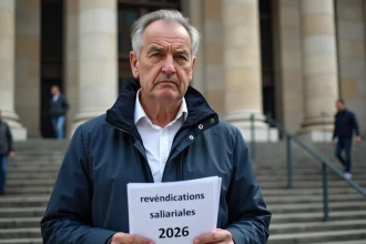 Représentant syndical tenant un document de revendications salariales devant un bâtiment institutionnel en 2026