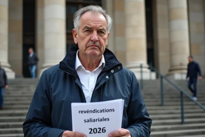 Représentant syndical tenant un document de revendications salariales devant un bâtiment institutionnel en 2026
