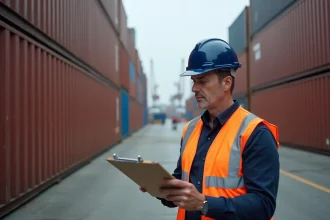 Responsable logistique en gilet haute visibilité consultant des documents au bord de conteneurs maritimes empilés dans un terminal portuaire industriel