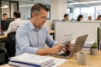 Responsable RH analysant des fiches de paie et le calcul du SMIC horaire brut 2026 dans un bureau moderne