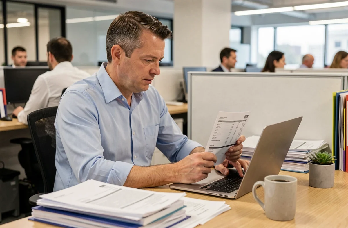 Responsable RH analysant des fiches de paie et le calcul du SMIC horaire brut 2026 dans un bureau moderne