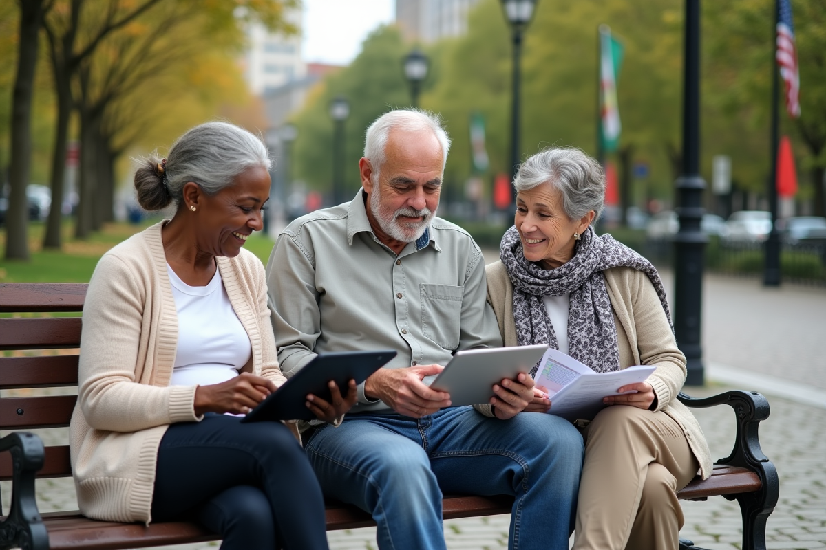 Groupe de retraités discutant dans un parc avec tablettes