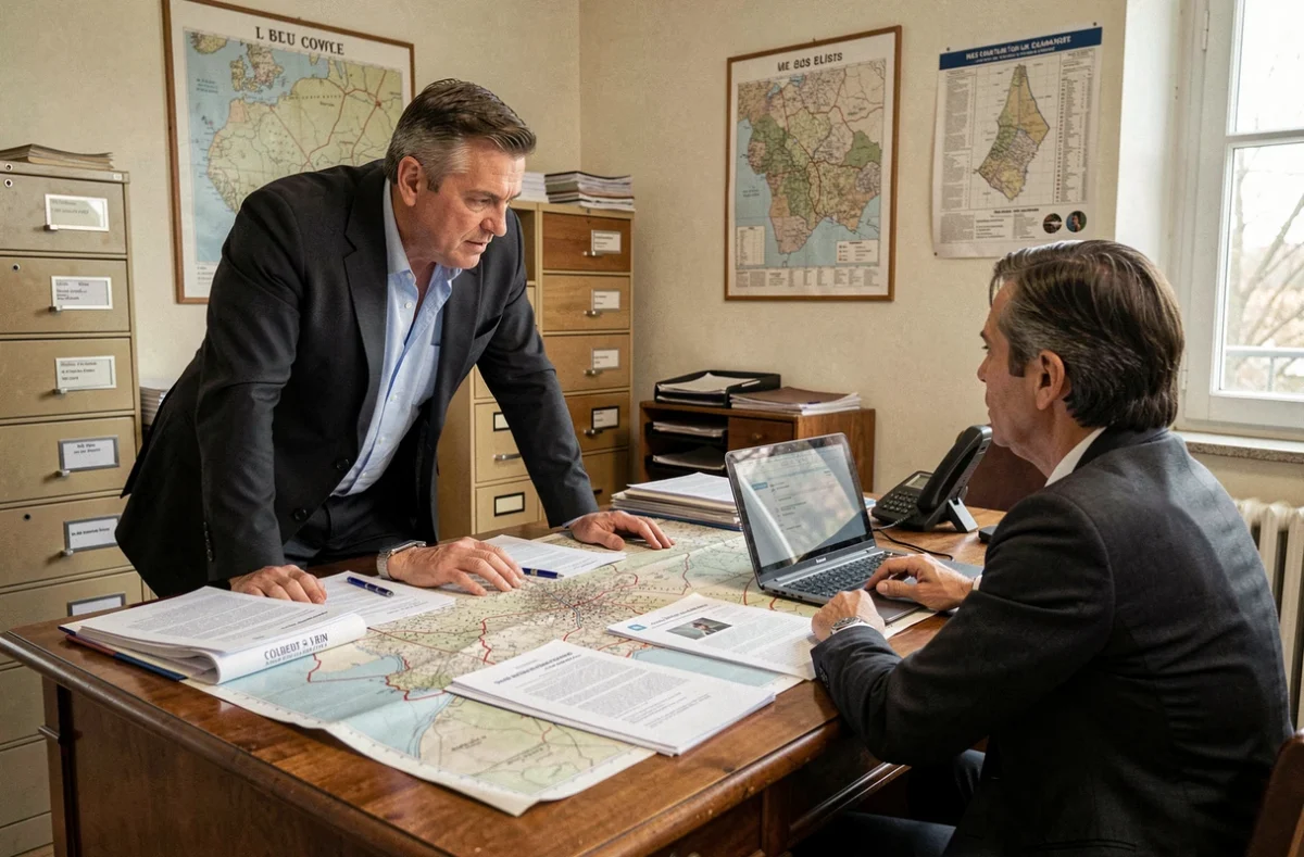 Conseiller de la SARL Faure Tibayrenc examinant des documents cadastraux et dossiers immobiliers avec un client