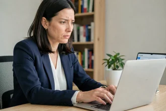 Une femme concentrée sécurisant son compte bancaire Société Générale sur un ordinateur portable dans un bureau à domicile moderne