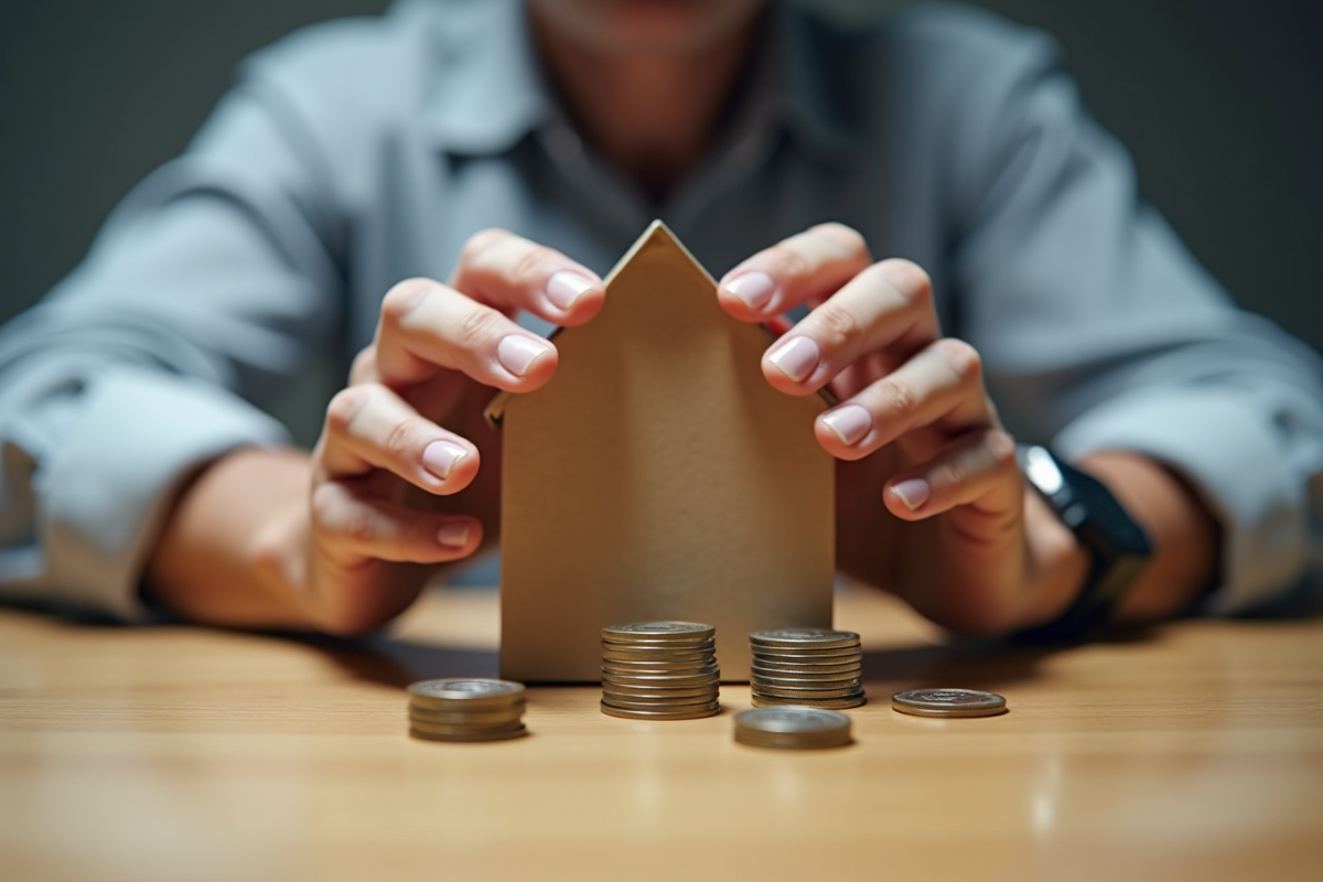 Main protégeant une maison en papier et des pièces de monnaie