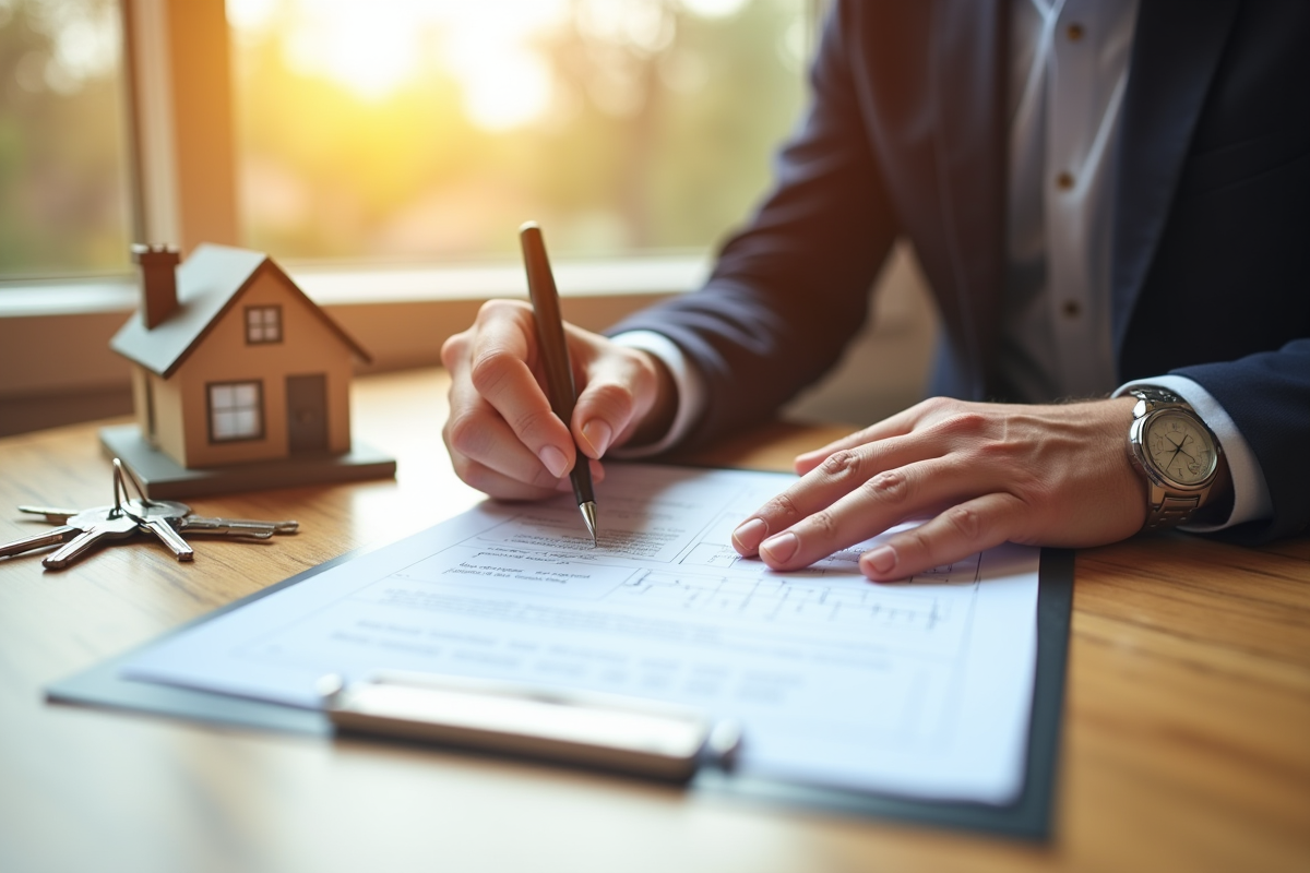 Mains signant un contrat de prêt immobilier sur une table en bois