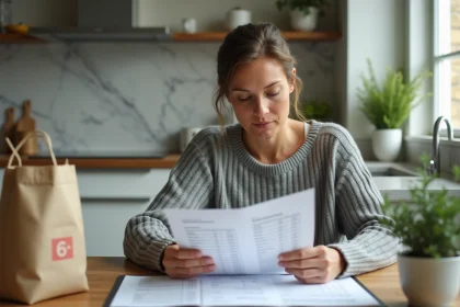 Femme consultant un simulateur de budget de courses avec des tickets de caisse Leclerc sur une table de cuisine