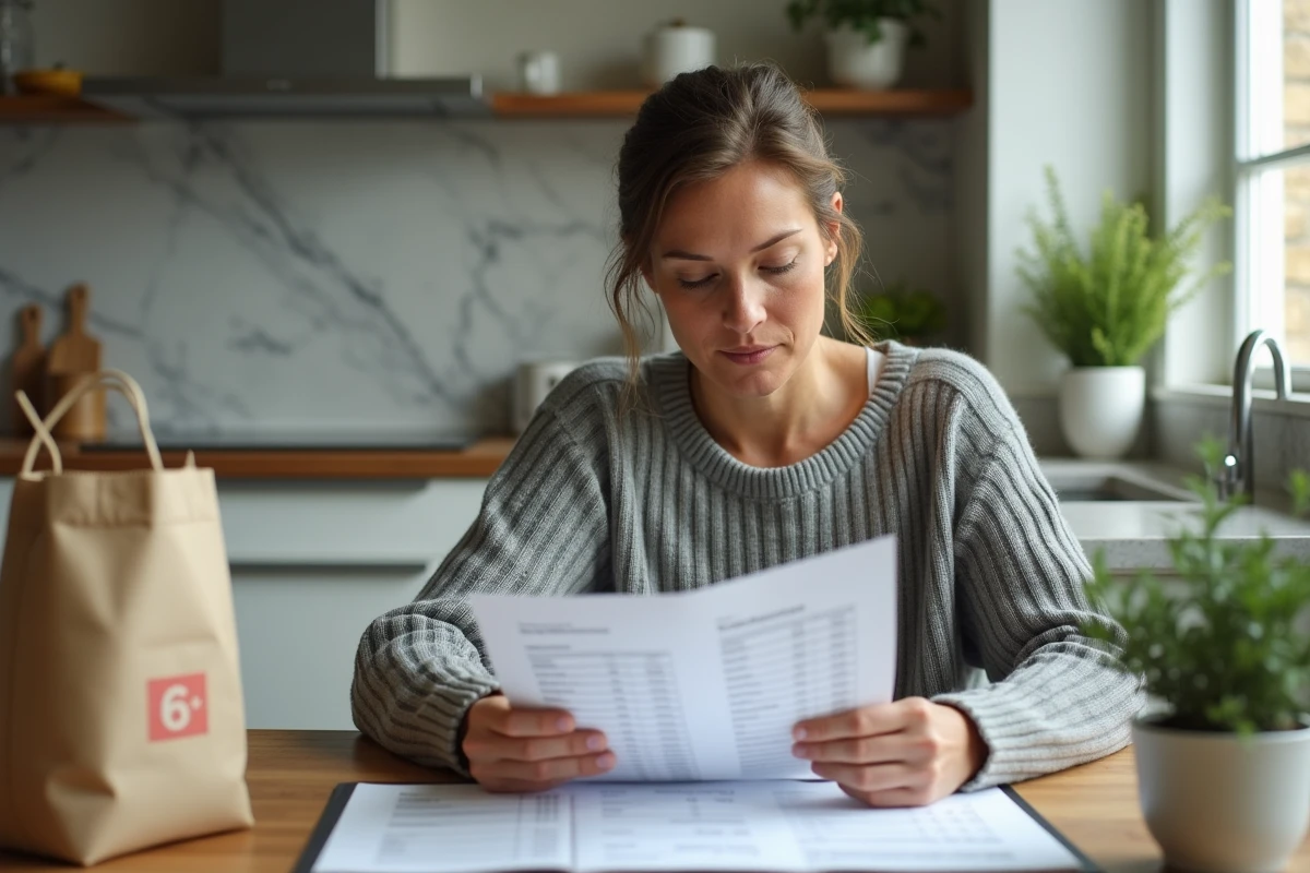 Femme consultant un simulateur de budget de courses avec des tickets de caisse Leclerc sur une table de cuisine