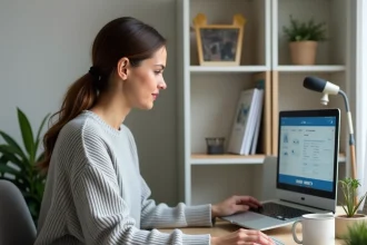 Femme utilisant un simulateur d'assurance en ligne Qlara sur son ordinateur portable dans un bureau à domicile moderne