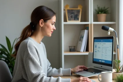 Femme utilisant un simulateur d'assurance en ligne Qlara sur son ordinateur portable dans un bureau à domicile moderne