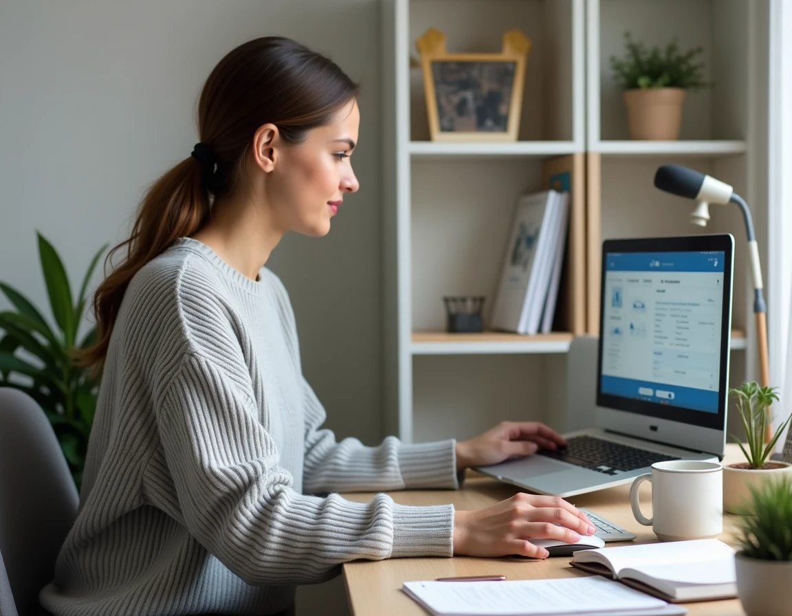 Femme utilisant un simulateur d'assurance en ligne Qlara sur son ordinateur portable dans un bureau à domicile moderne