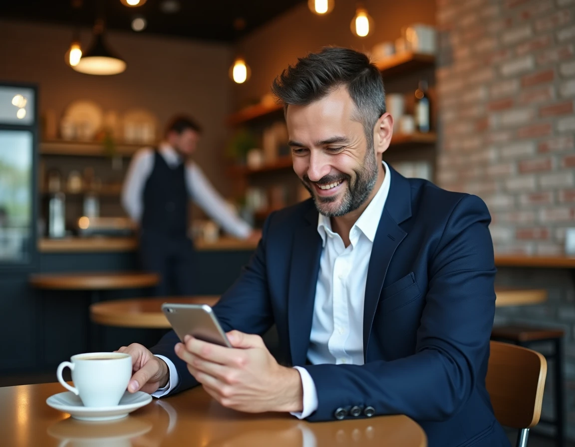 Homme consultant une simulation de tarif assurance Qlara sur smartphone dans un café urbain